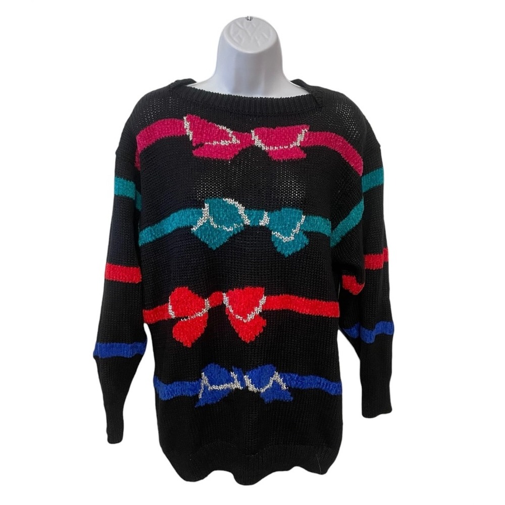 Beautifully Me Black Multi Color Bow Striped Knit Sweater Size L